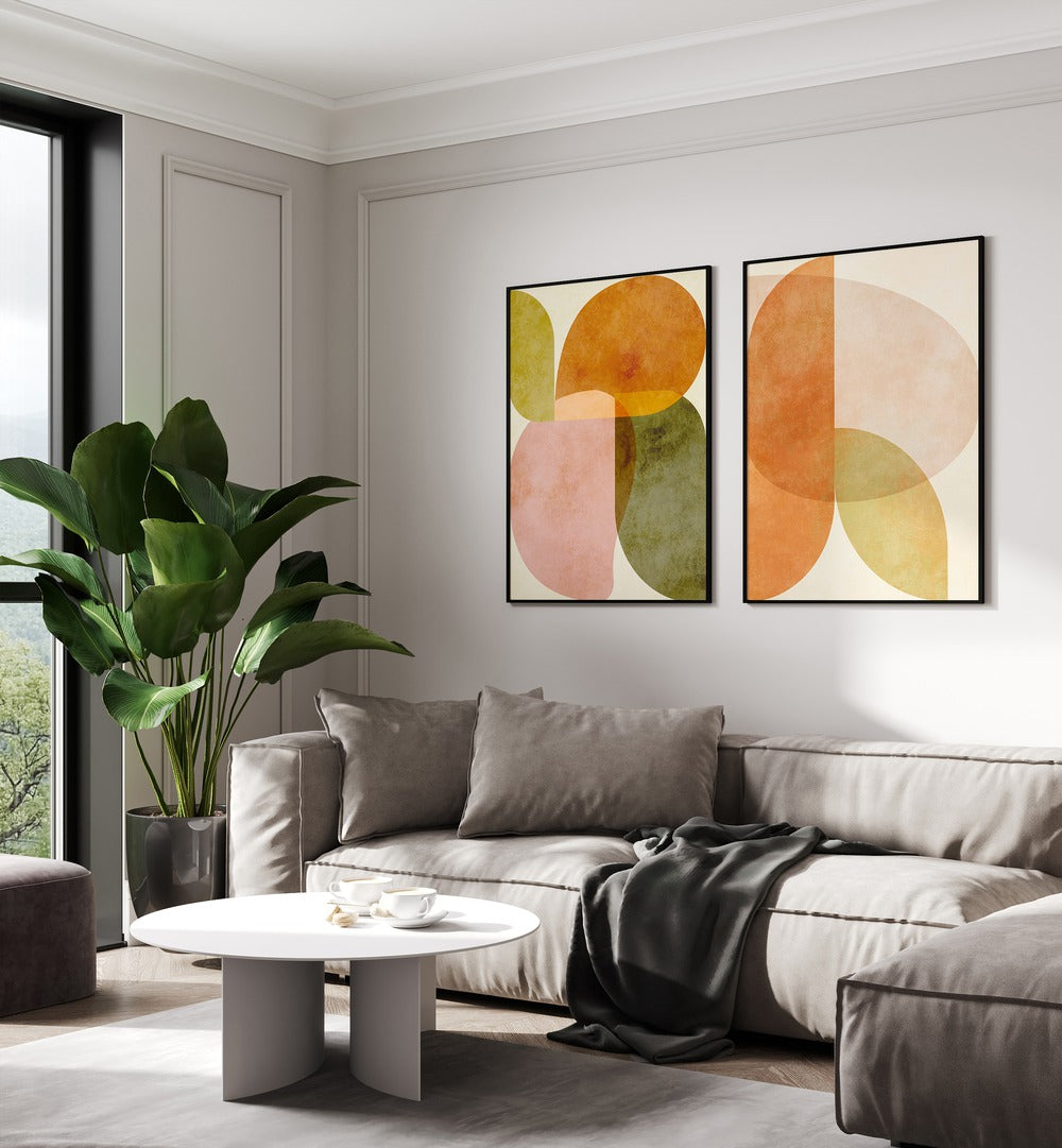 Elevate your decor with the AQUA SHAPES SET, SET OF 2 PAINTINGS, perfect for a serene living space transformation.