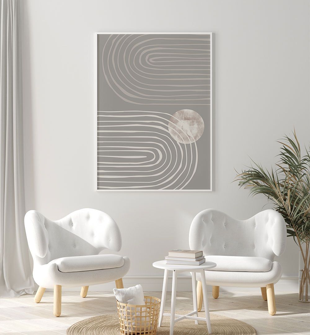 Stylish living room featuring ARCH DARK I, BOHO ART PAINTINGS, blending earthy tones in a serene setting.