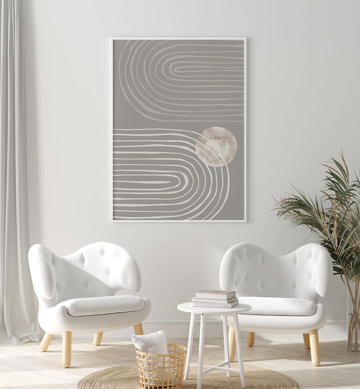 Stylish living room featuring ARCH DARK I, BOHO ART PAINTINGS, blending earthy tones in a serene setting.