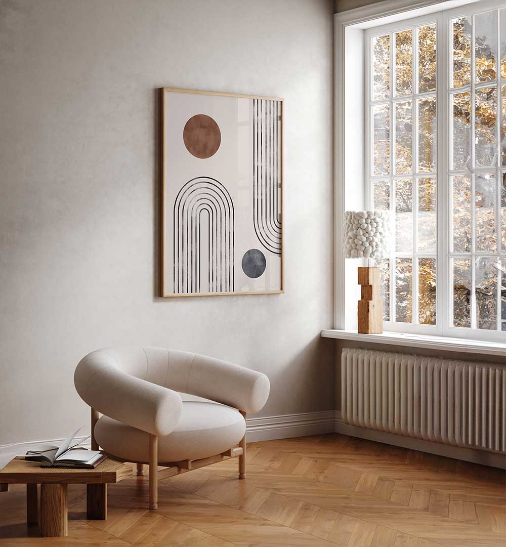 Stylish living room featuring ARCHS AND BUDS, BOHO ART PAINTINGS, enhancing contemporary decor with abstract designs.