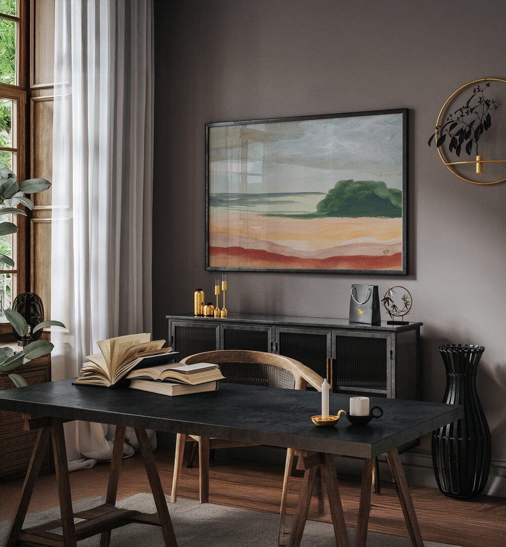 Stylish room featuring ARID LAND II, LANDSCAPE PAINTINGS, showcasing warm tones and textures of arid landscapes.