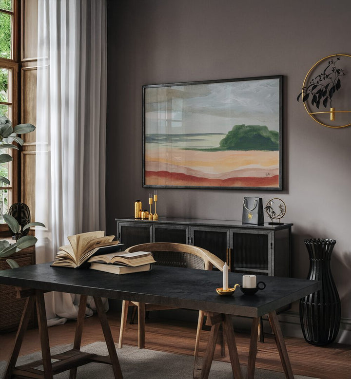 Stylish room featuring ARID LAND II, LANDSCAPE PAINTINGS, showcasing warm tones and textures of arid landscapes.