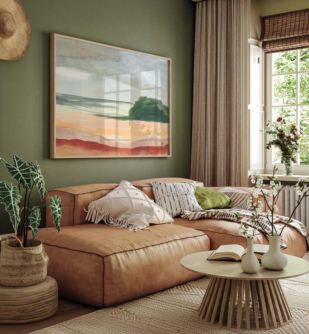 Elegant living room featuring ARID LAND II, LANDSCAPE PAINTINGS, showcasing warm tones and unique textures.