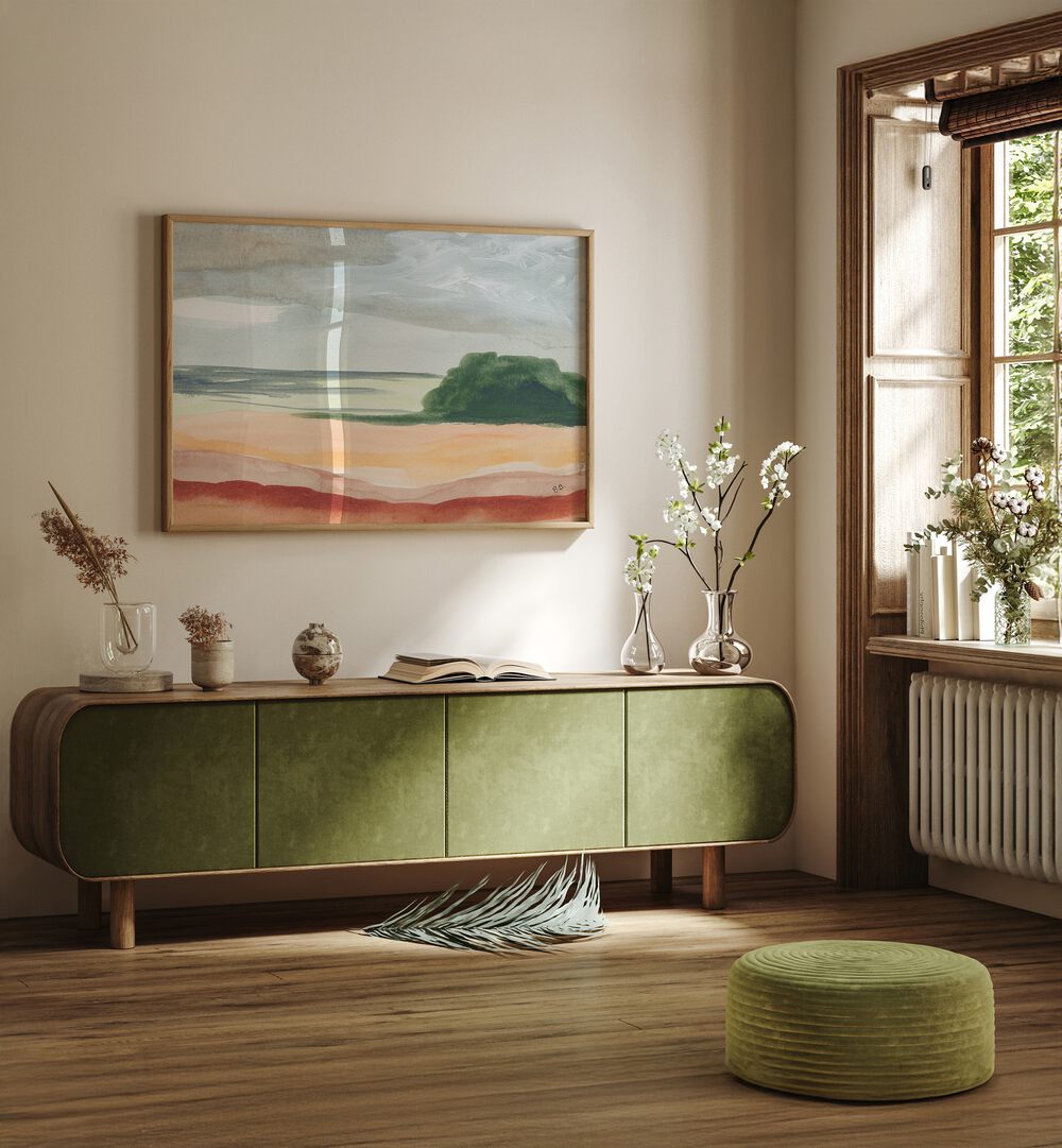 Stylish interior featuring ARID LAND II, LANDSCAPE PAINTINGS, highlighting warm tones of arid landscapes.