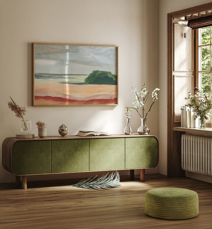 Stylish interior featuring ARID LAND II, LANDSCAPE PAINTINGS, highlighting warm tones of arid landscapes.