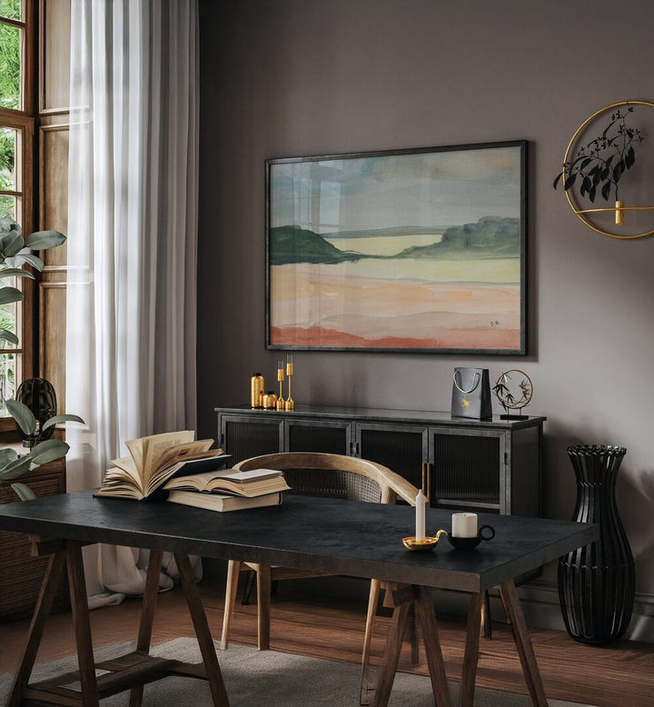 Stylish interior featuring ARID LAND I, LANDSCAPE PAINTINGS, enhancing the serene ambiance of the space.