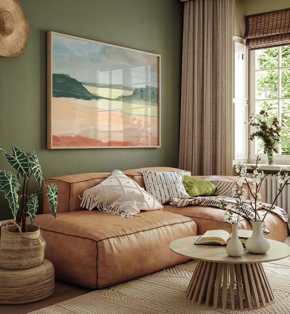 Stylish living room showcasing ARID LAND I, LANDSCAPE PAINTINGS, enhancing the space with stunning artwork.