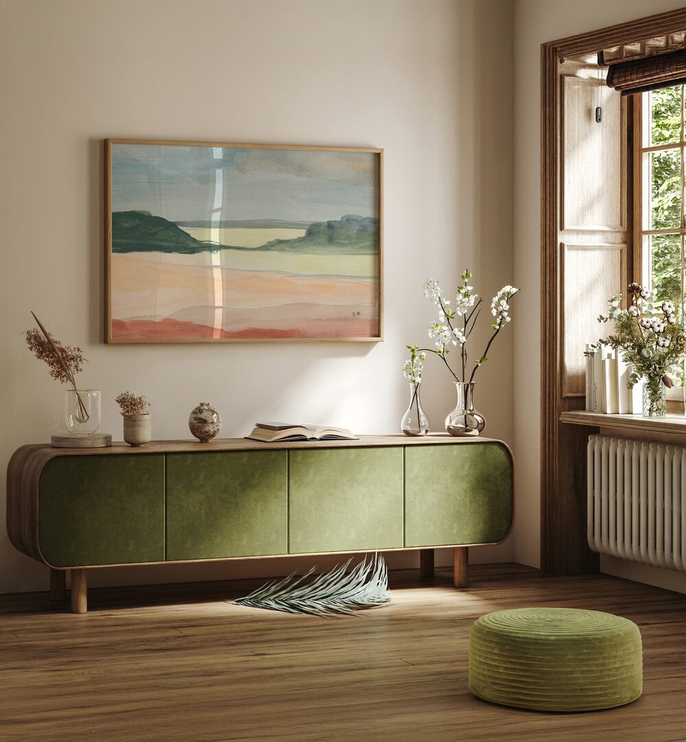 Stunning ARID LAND I, LANDSCAPE PAINTINGS, beautifully displayed in a modern interior setting with natural light.