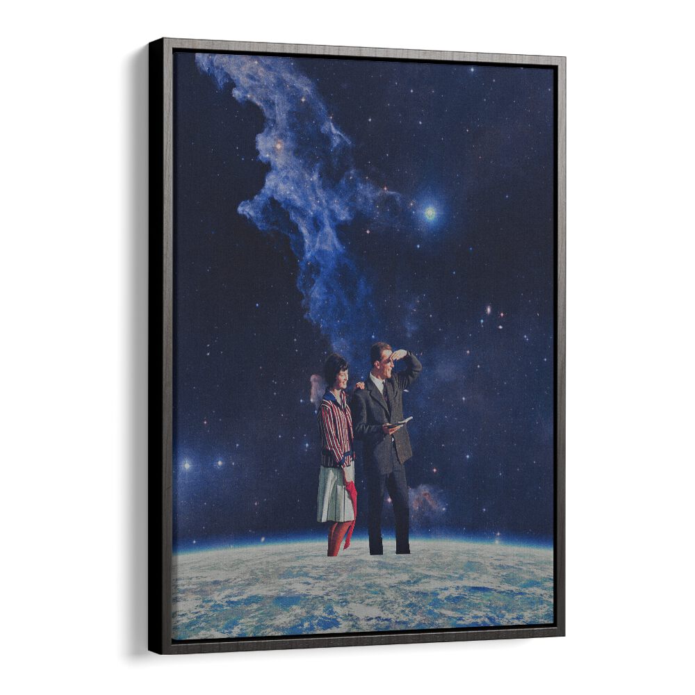 Explore cosmic wonder with ARRIVAL, SURREAL ART PRINTS, featuring a dreamy scene of two figures gazing into space.