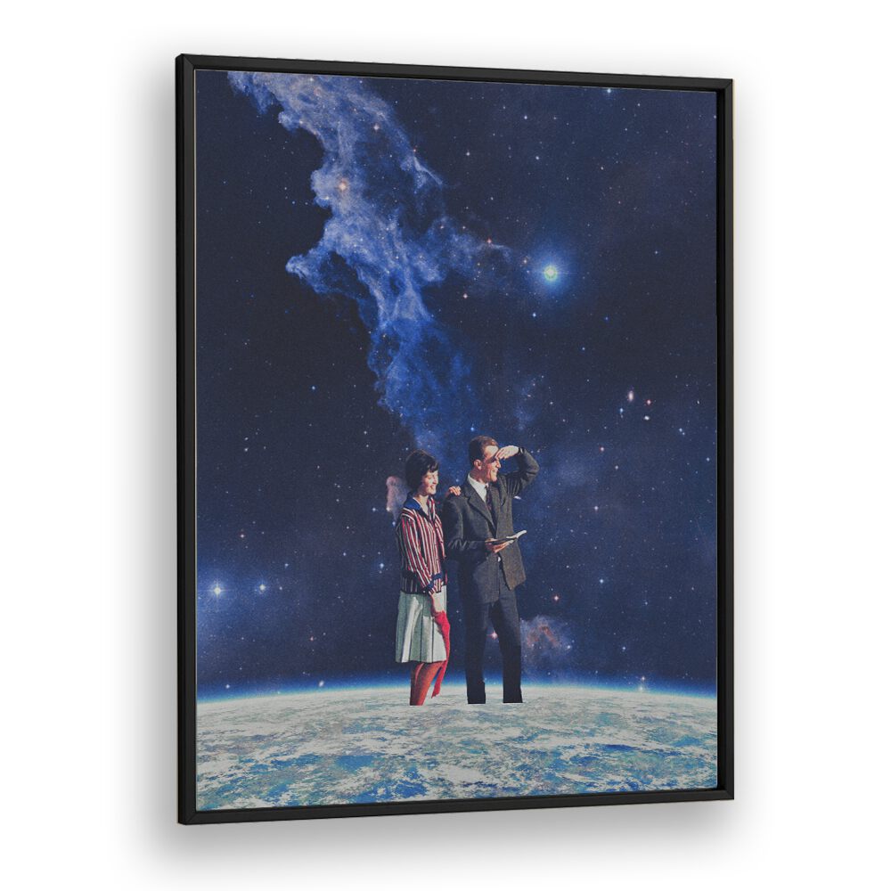 Surreal cosmic scene featuring two figures, showcasing ARRIVAL, SURREAL ART PRINTS by Space Rocket Art.