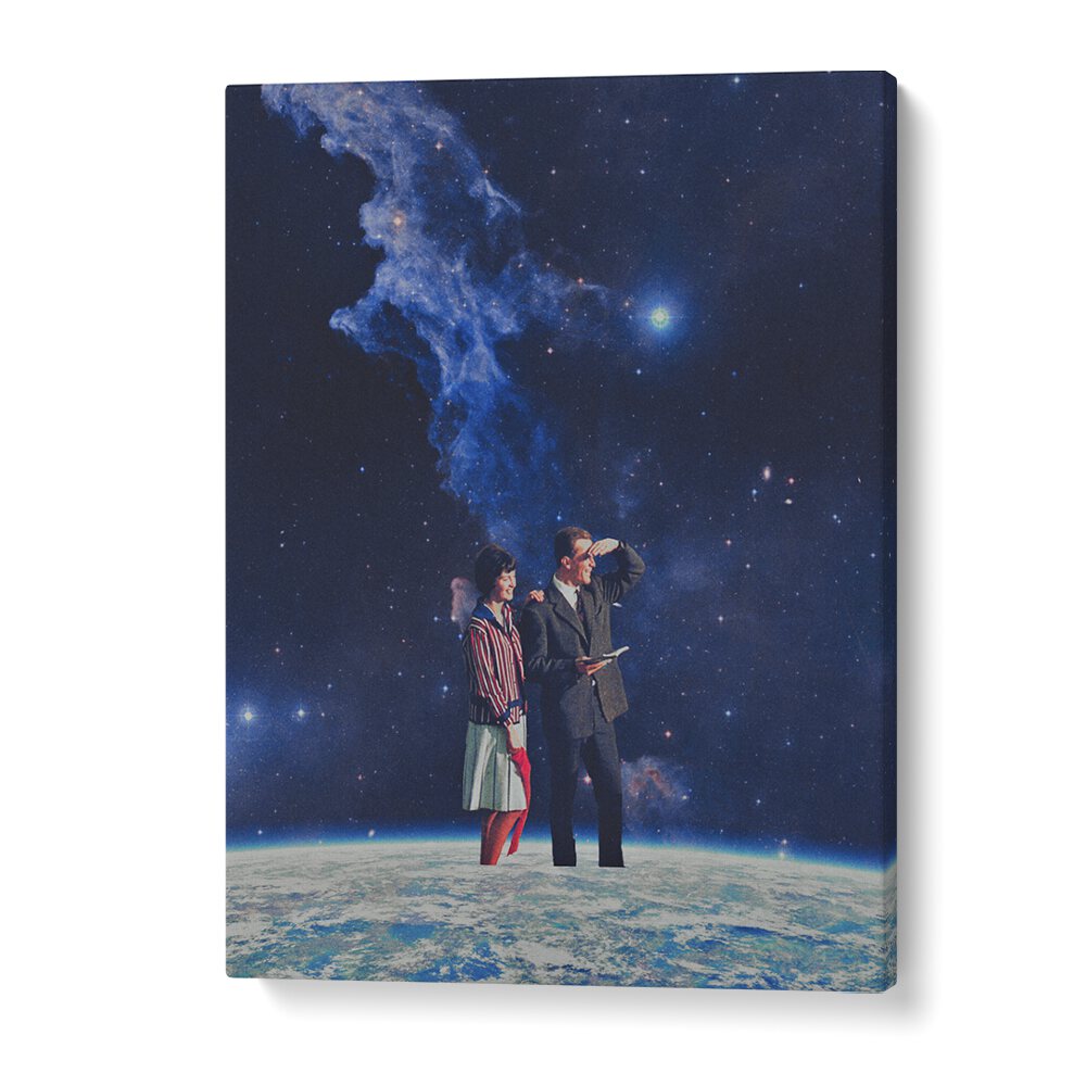 Stunning ARRIVAL, SURREAL ART PRINTS featuring a cosmic scene with two figures gazing into the universe by Space Rocket Art.