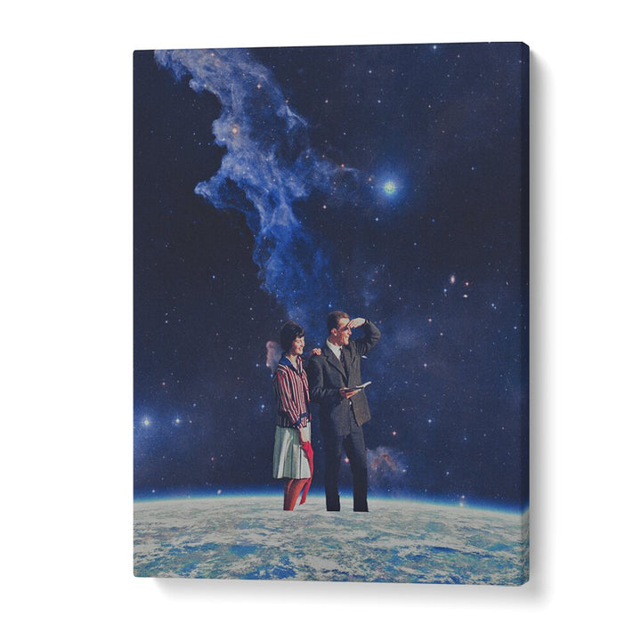 Stunning ARRIVAL, SURREAL ART PRINTS featuring a cosmic scene with two figures gazing into the universe by Space Rocket Art.