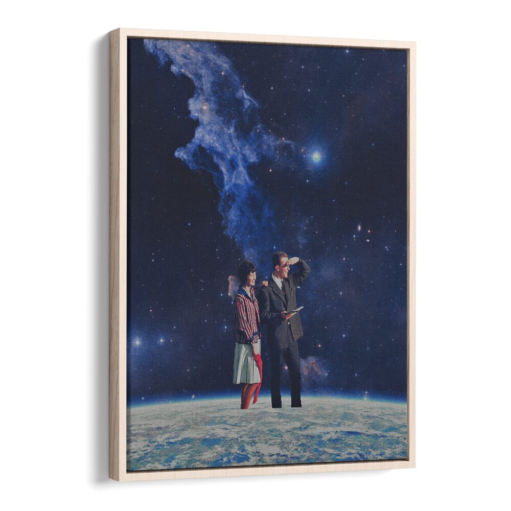Explore the cosmos with ARRIVAL, SURREAL ART PRINTS featuring a couple gazing into the stars, framed elegantly.