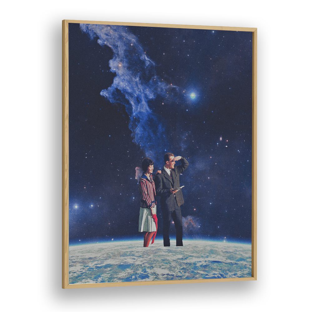 Stunning ARRIVAL, SURREAL ART PRINTS by Space Rocket Art, featuring a cosmic scene with two figures exploring space.