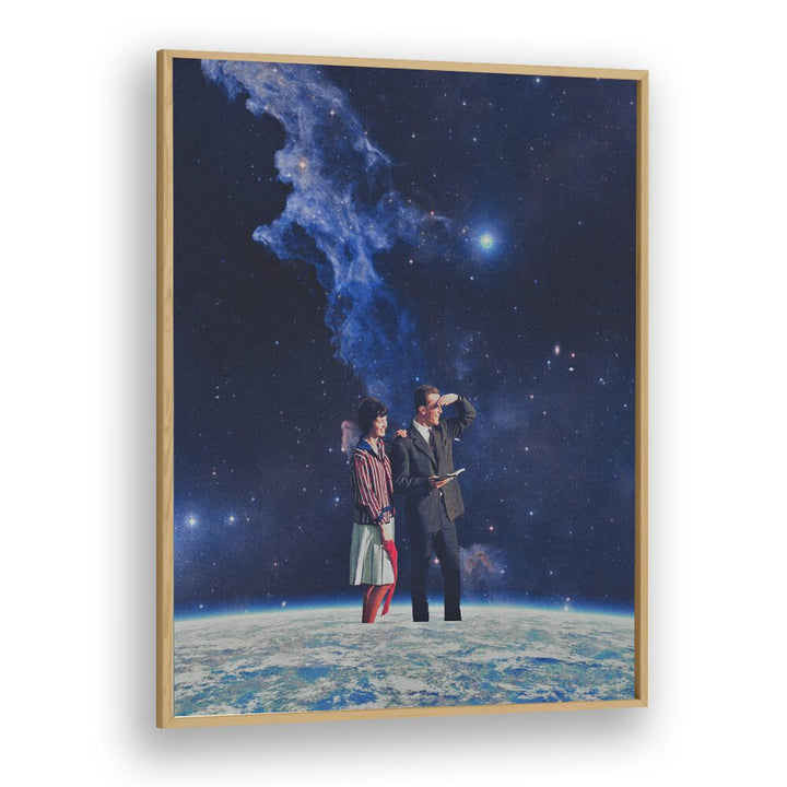 Stunning ARRIVAL, SURREAL ART PRINTS by Space Rocket Art, featuring a cosmic scene with two figures exploring space.