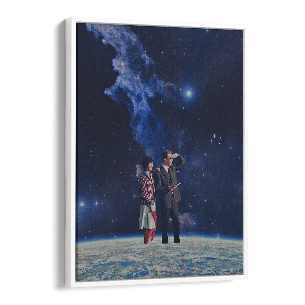 Surreal art print "ARRIVAL" by Space Rocket Art, featuring vibrant colors and cosmic themes in a white floater frame.