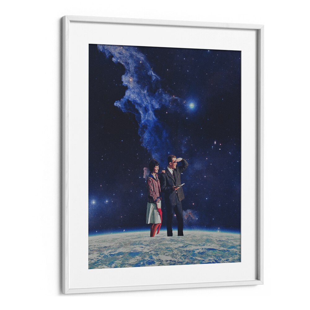 Surreal art print "ARRIVAL" by Space Rocket Art, featuring cosmic imagery and vibrant colors in a white frame.