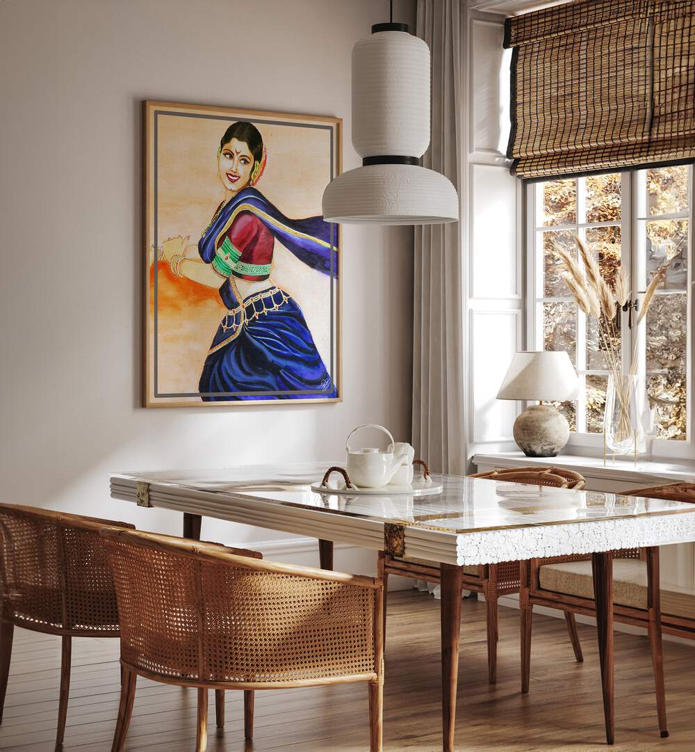 Smiling woman in vibrant colors, embodying joy in RHYTHM OF BEAUTY, INDIAN ART PAINTINGS for a serene decor touch.