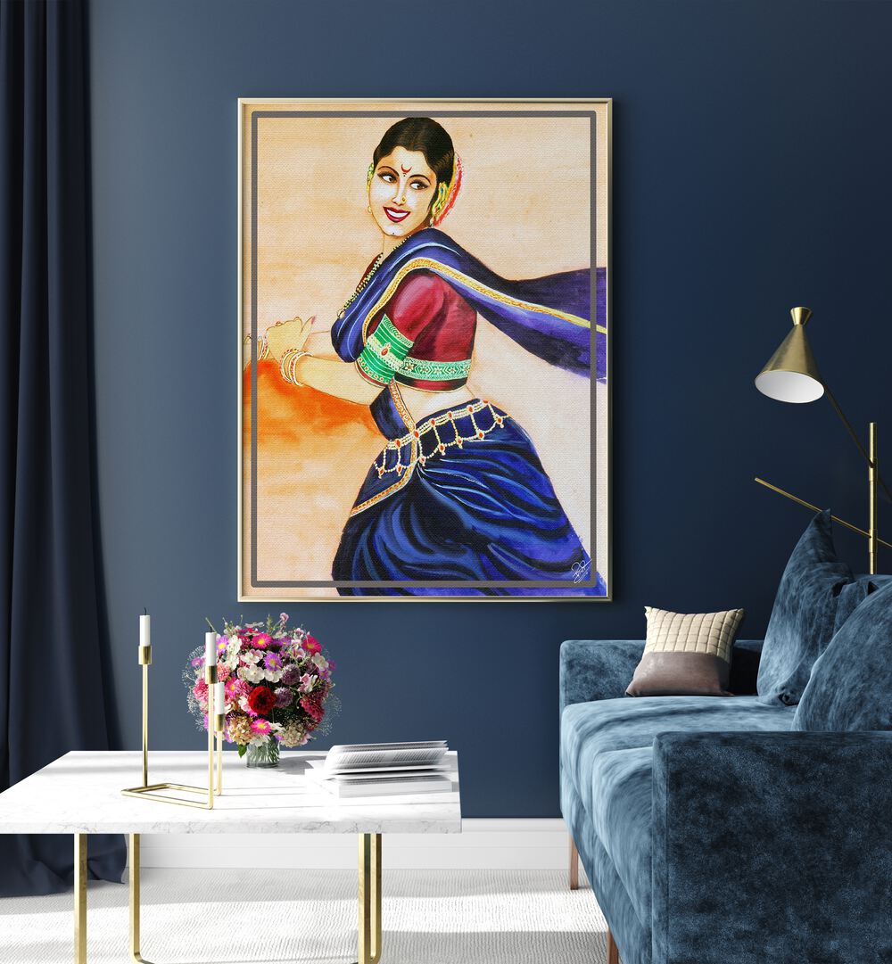 Smiling woman in traditional attire, embodying joy in RHYTHM OF BEAUTY, INDIAN ART PAINTINGS. Perfect for modern decor.