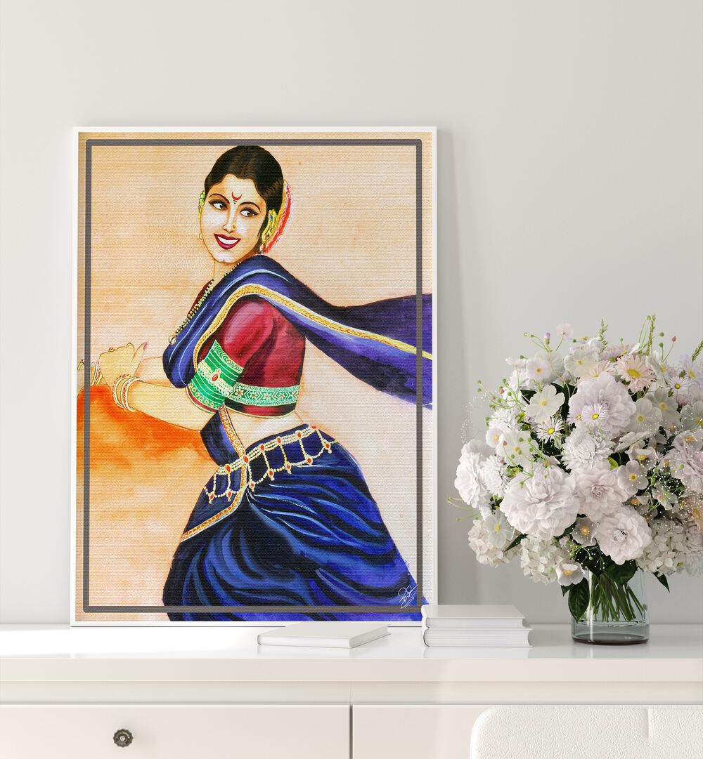 Smiling woman in vibrant attire embodies joy in RHYTHM OF BEAUTY, INDIAN ART PAINTINGS, a stunning digital watercolor.