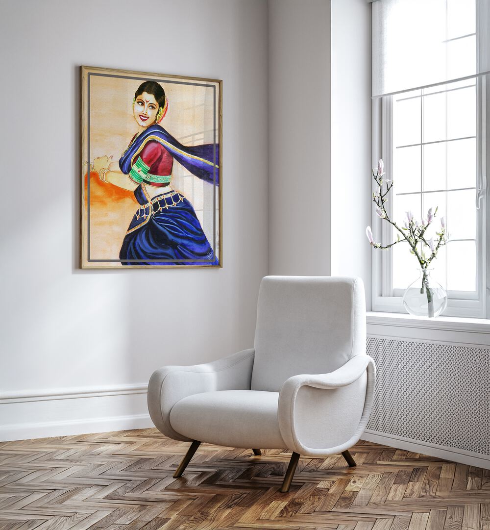 Smiling woman in vibrant attire embodies joy in RHYTHM OF BEAUTY, INDIAN ART PAINTINGS, enhancing your decor.