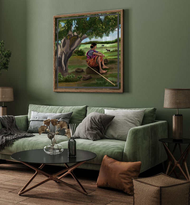 Serene scene in WHISPER OF THE MEADOWS, INDIAN ART PAINTINGS, featuring a woman reflecting under a tree.