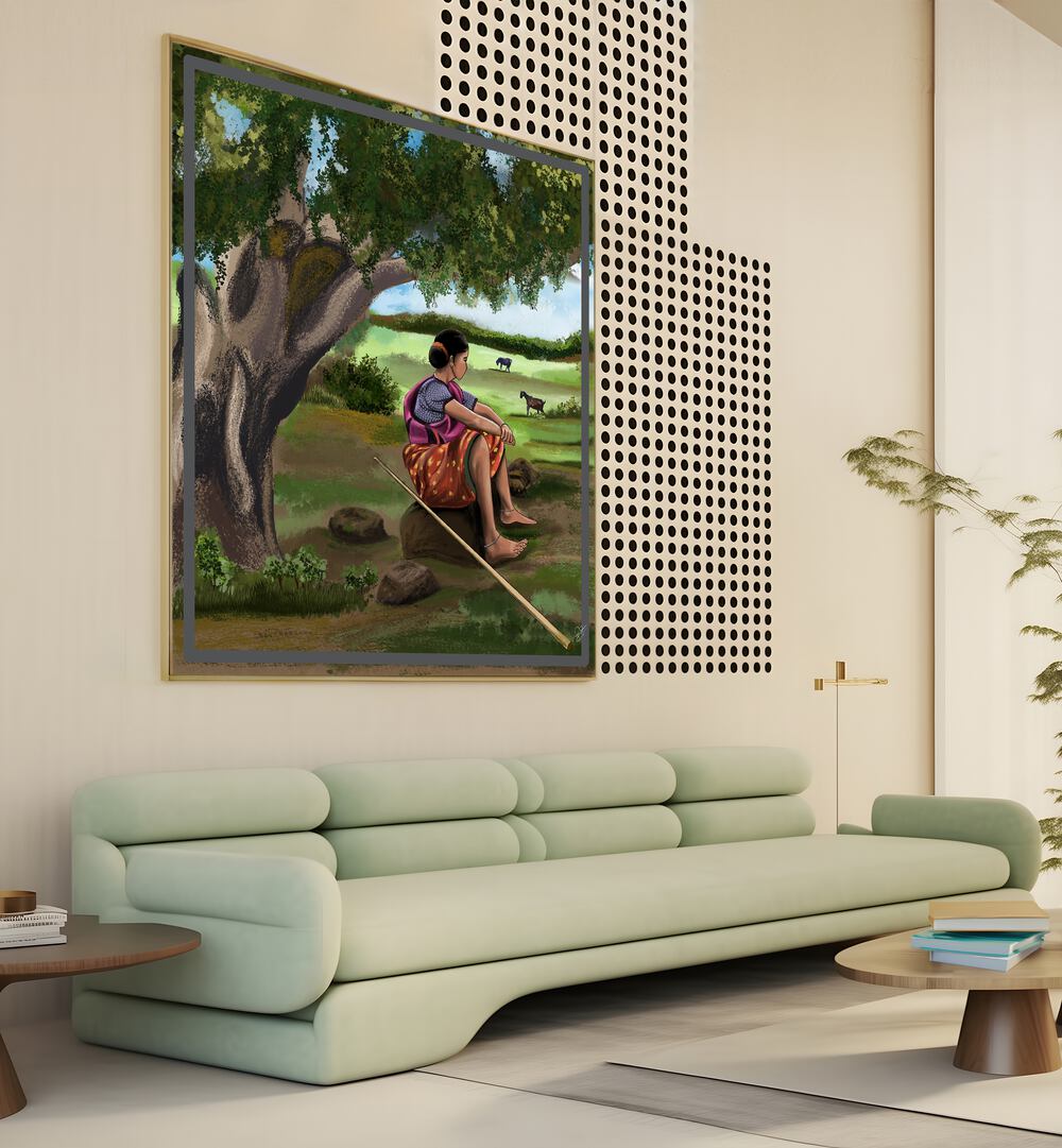 Serene scene of a woman resting under a tree in "WHISPER OF THE MEADOWS, INDIAN ART PAINTINGS." Perfect for your decor.
