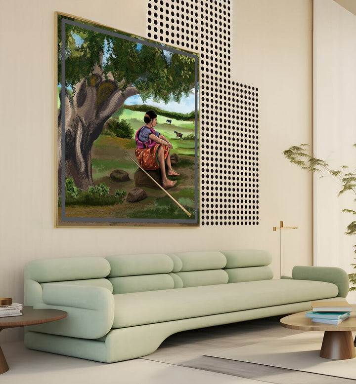 Serene scene of a woman resting under a tree in "WHISPER OF THE MEADOWS, INDIAN ART PAINTINGS." Perfect for your decor.