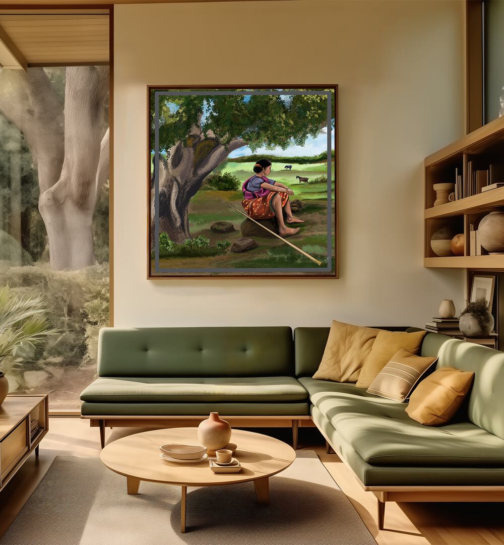 Woman resting under a tree in "WHISPER OF THE MEADOWS, INDIAN ART PAINTINGS," reflecting on life's journey.