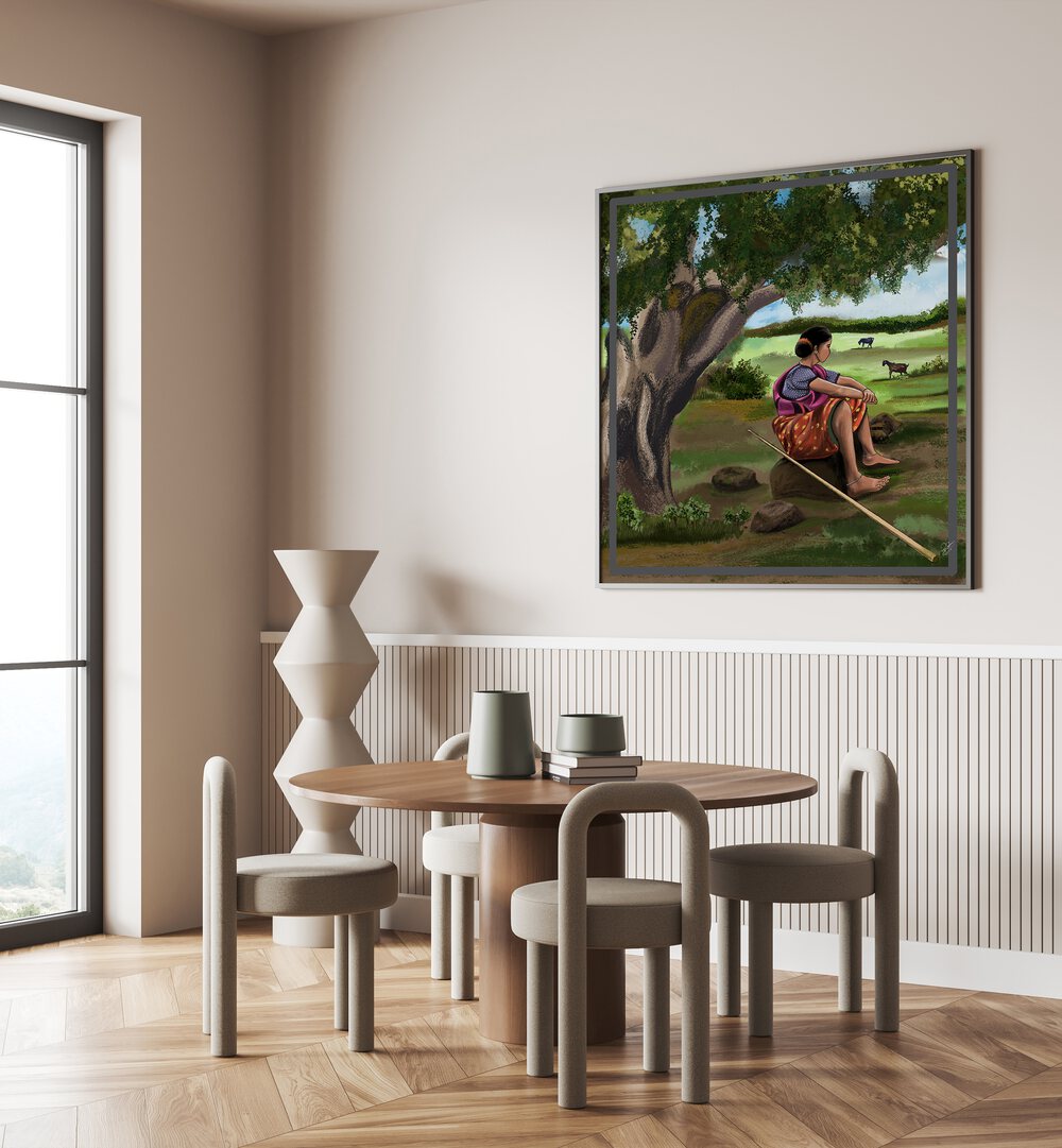 Serene WHISPER OF THE MEADOWS, INDIAN ART PAINTINGS captures a woman reflecting under a tree in a pastoral landscape.