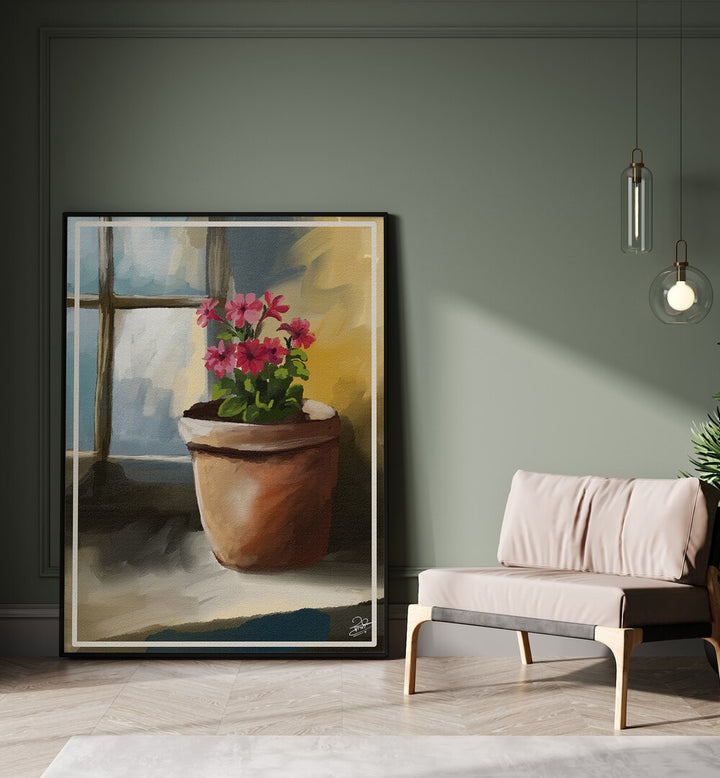 "Vibrant flowers in a pot by the window, showcasing BLOOM BY THE WINDOW, INDIAN ART PAINTINGS for serene decor."