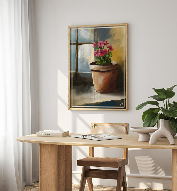 BLOOM BY THE WINDOW, INDIAN ART PAINTINGS captures a vibrant flower pot basking in sunlight by a serene windowsill.