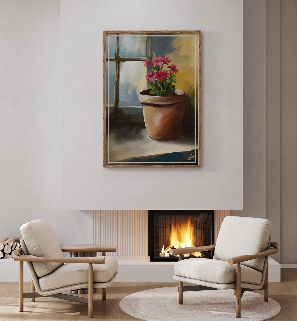 BLOOM BY THE WINDOW, INDIAN ART PAINTINGS showcases vibrant flowers in a tranquil windowsill setting.