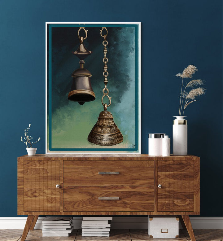 Elevate your space with THE HARMONY, INDIAN ART PAINTINGS, showcasing intricately detailed brass bells and chains.