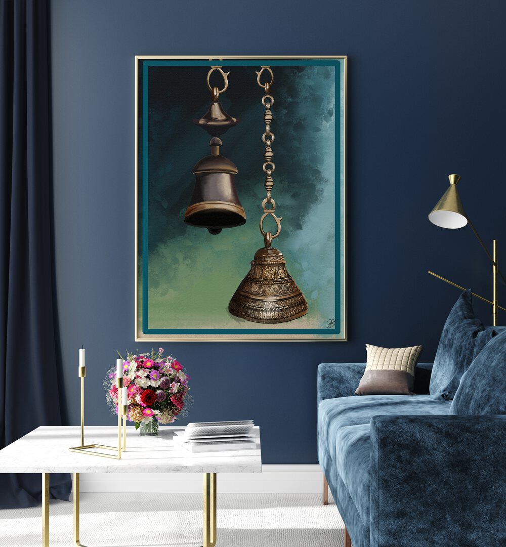 Brass bells in rich detail showcase realism in THE HARMONY, INDIAN ART PAINTINGS for an authentic decor touch.