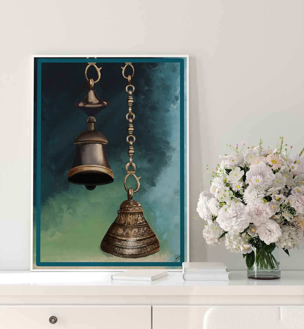 Brass bells detailed in realism showcase THE HARMONY, INDIAN ART PAINTINGS. Perfect for art lovers and collectors.