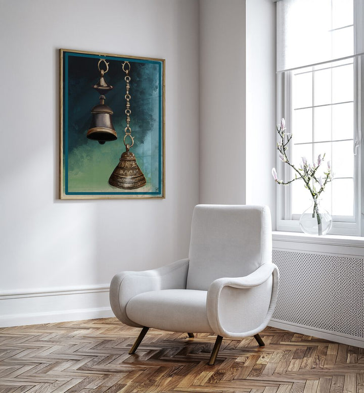 Brass bells and chains showcased in THE HARMONY, INDIAN ART PAINTINGS, highlighting exquisite realism and detail.
