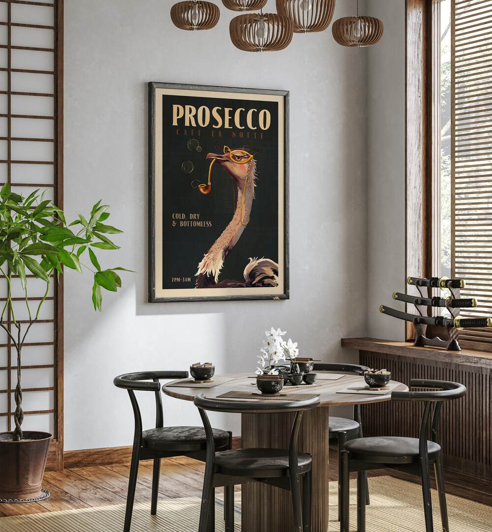 Art Deco Prosecco Bar wall art features a stylish ostrich, perfect for elevating café or home decor.