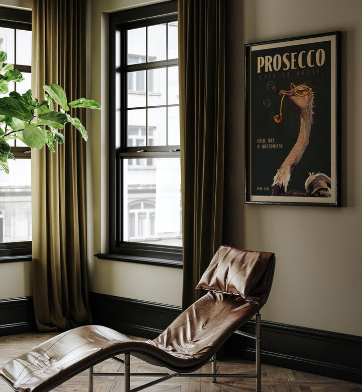 Art Deco Prosecco, Bar wall art featuring a stylish ostrich, perfect for elevating café decor.
