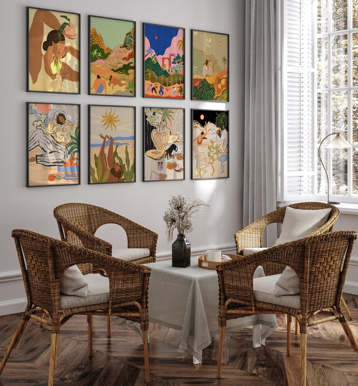 Stylish dining area featuring ARTY GUAVA ARTWORKS GALLERY WALL II, GALLERY WALLS with vibrant tropical art prints.