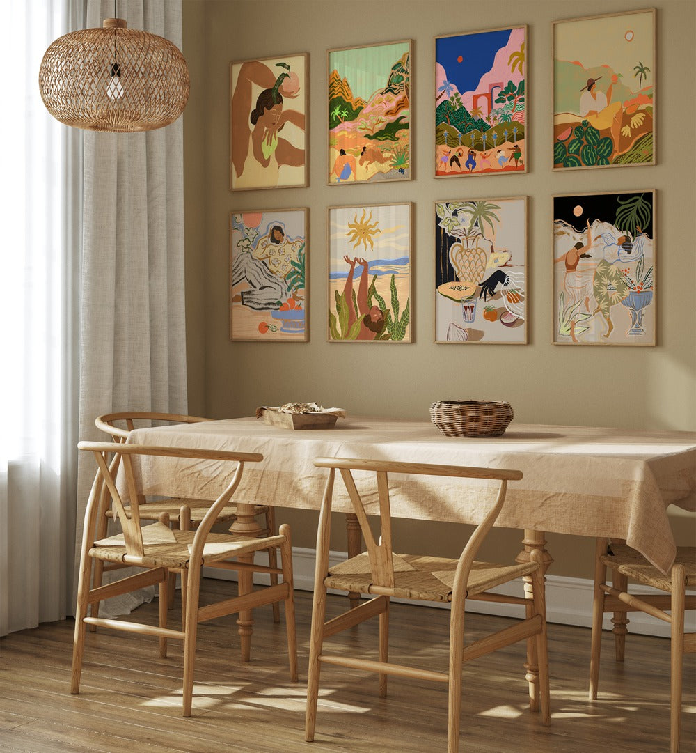 Stylish dining area featuring ARTY GUAVA ARTWORKS GALLERY WALL II, GALLERY WALLS with vibrant tropical art prints.
