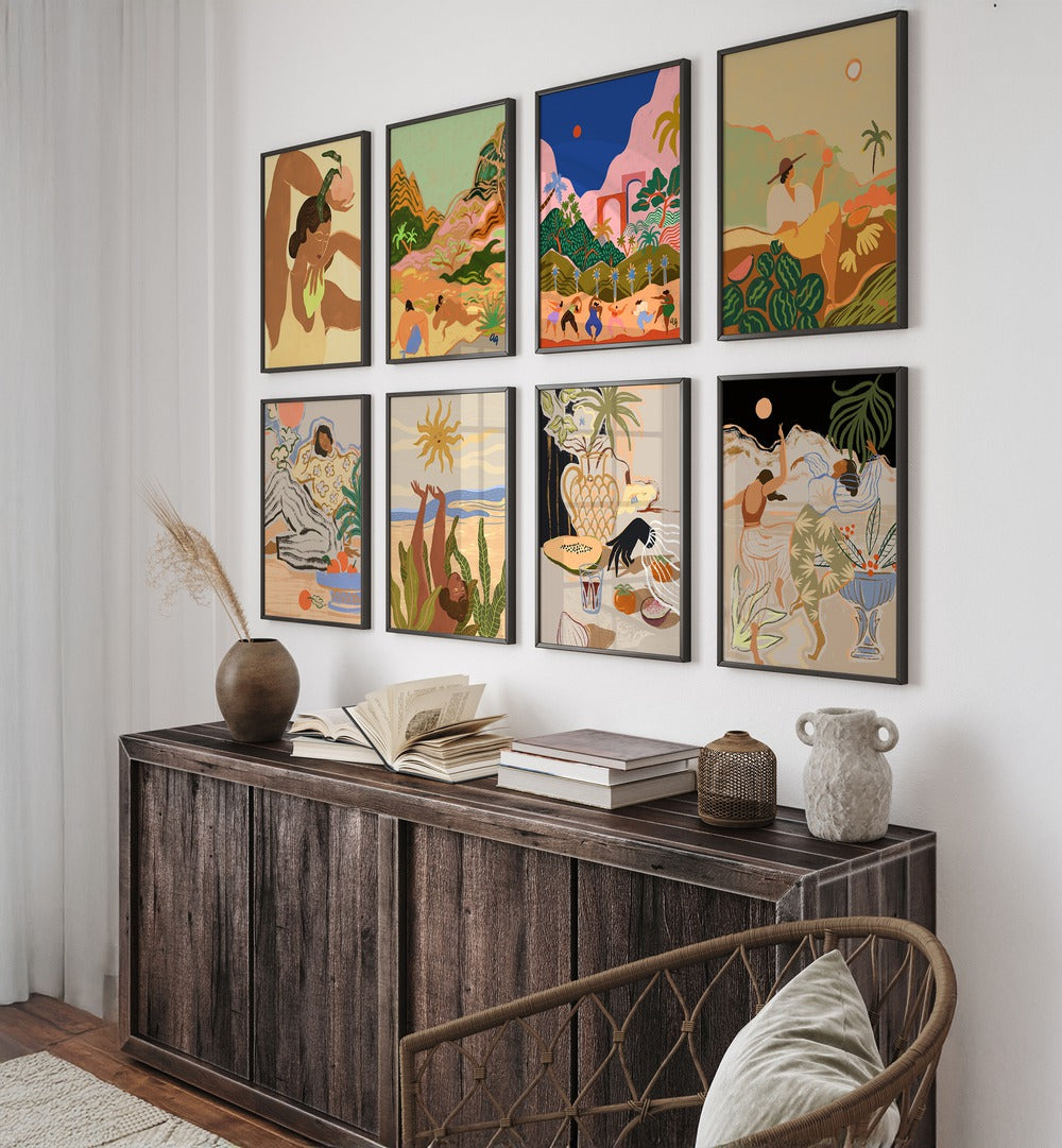 Vibrant ARTY GUAVA ARTWORKS GALLERY WALL II enhances a stylish dining area with colorful gallery walls.