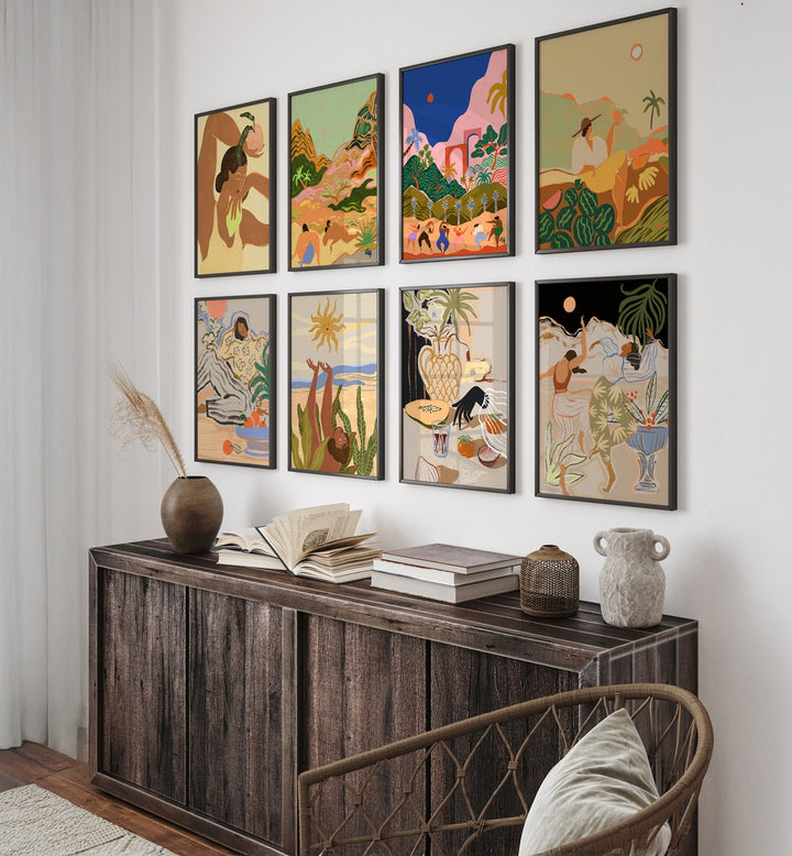 Vibrant ARTY GUAVA ARTWORKS GALLERY WALL II enhances a stylish dining area with colorful gallery walls.