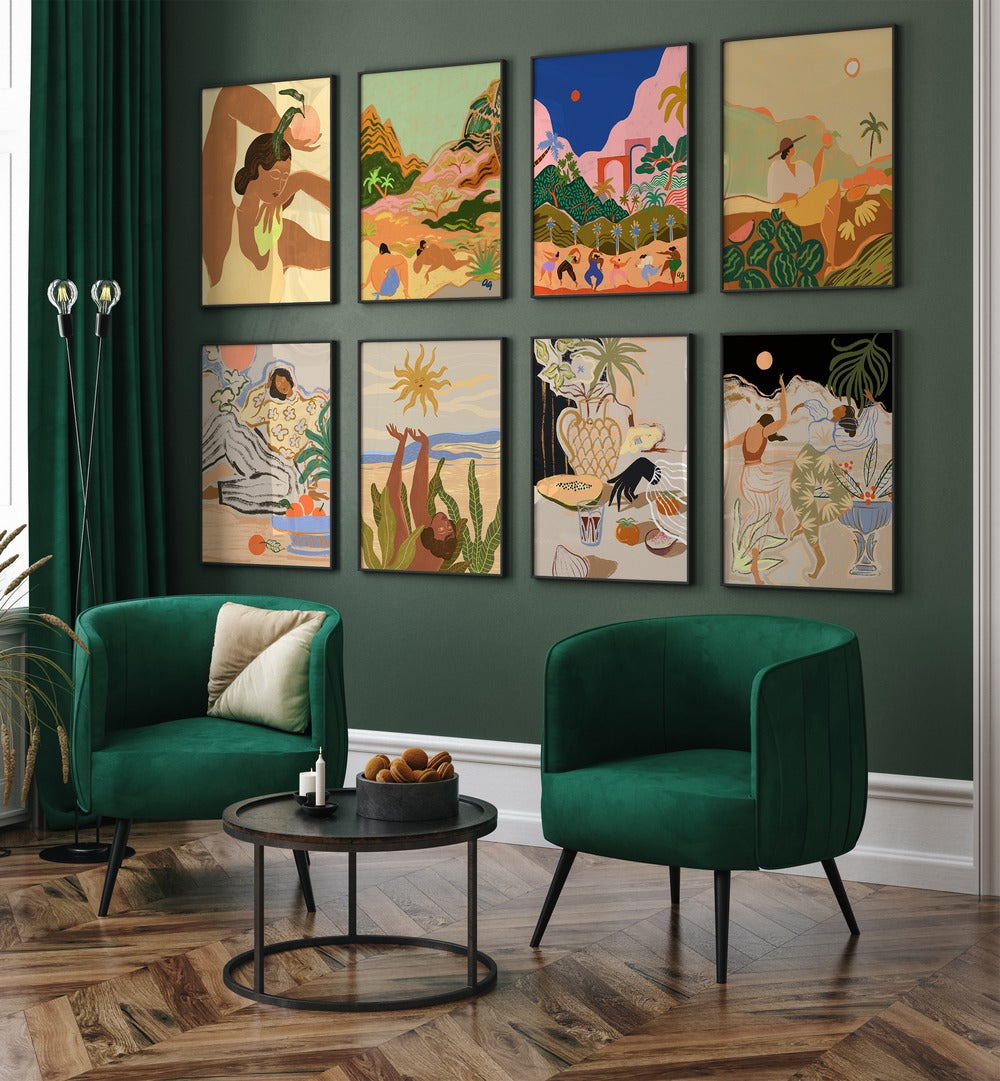 Stylish dining area featuring ARTY GUAVA ARTWORKS GALLERY WALL II, showcasing vibrant gallery walls with colorful prints.