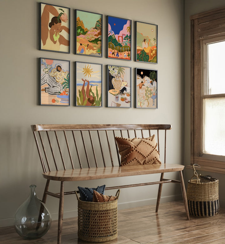Stylish dining area featuring the ARTY GUAVA ARTWORKS GALLERY WALL II, GALLERY WALLS with vibrant tropical art prints.