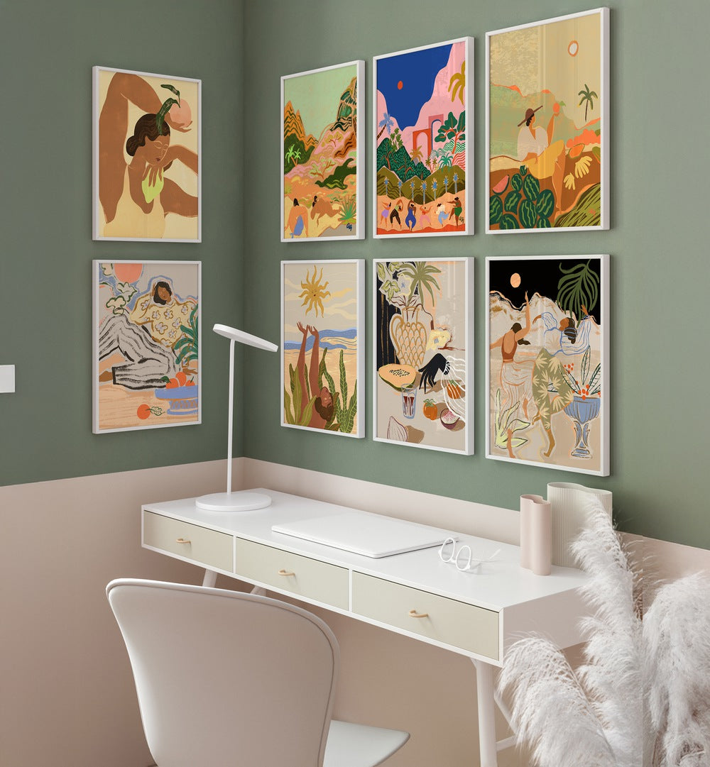 Stylish dining area featuring the ARTY GUAVA ARTWORKS GALLERY WALL II, GALLERY WALLS with vibrant art prints.