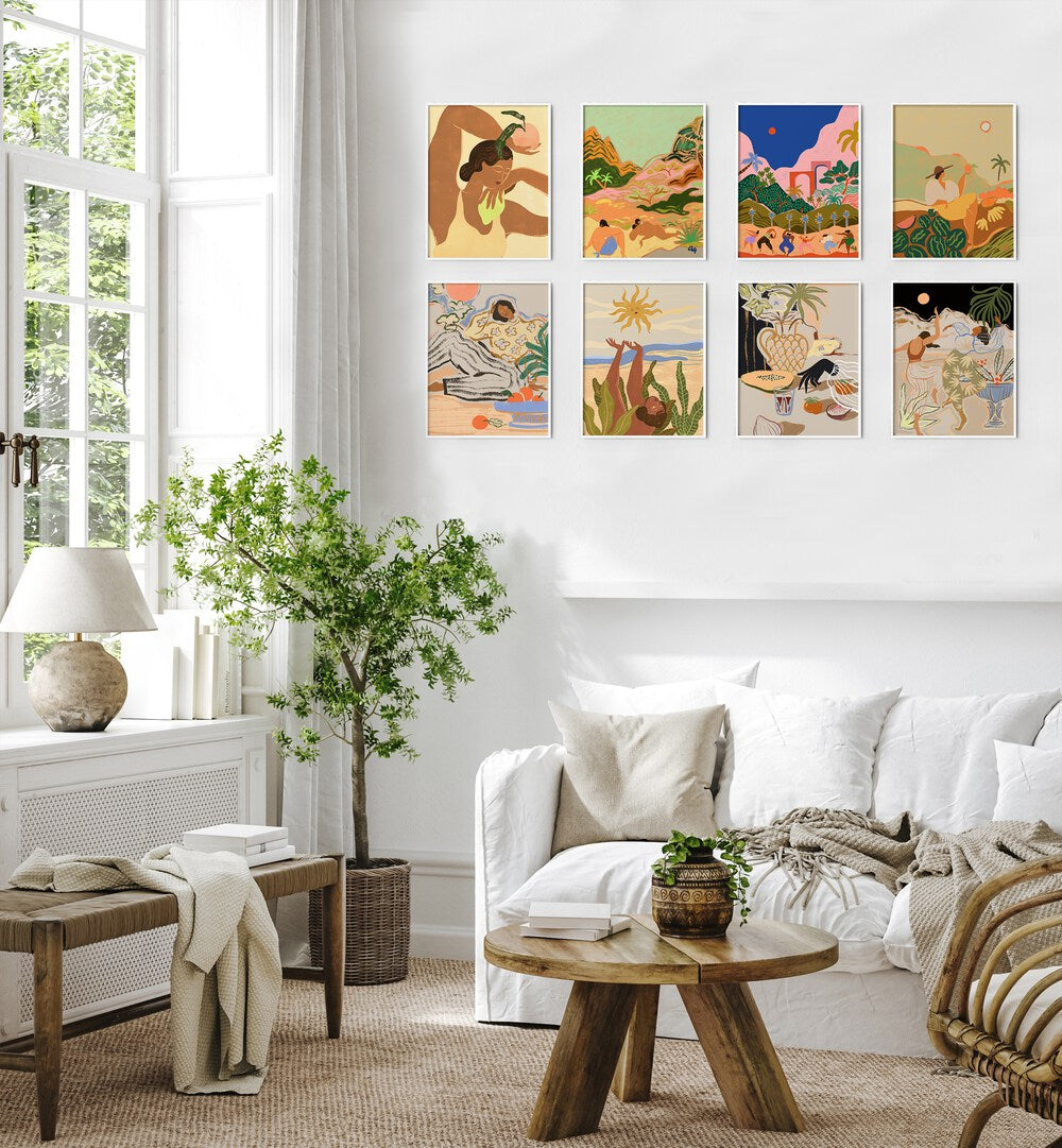 Stylish dining area featuring the ARTY GUAVA ARTWORKS GALLERY WALL II, GALLERY WALLS with vibrant tropical art prints.