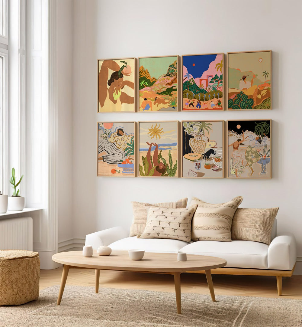 Stylish dining area featuring ARTY GUAVA ARTWORKS GALLERY WALL II, GALLERY WALLS with vibrant tropical art prints.