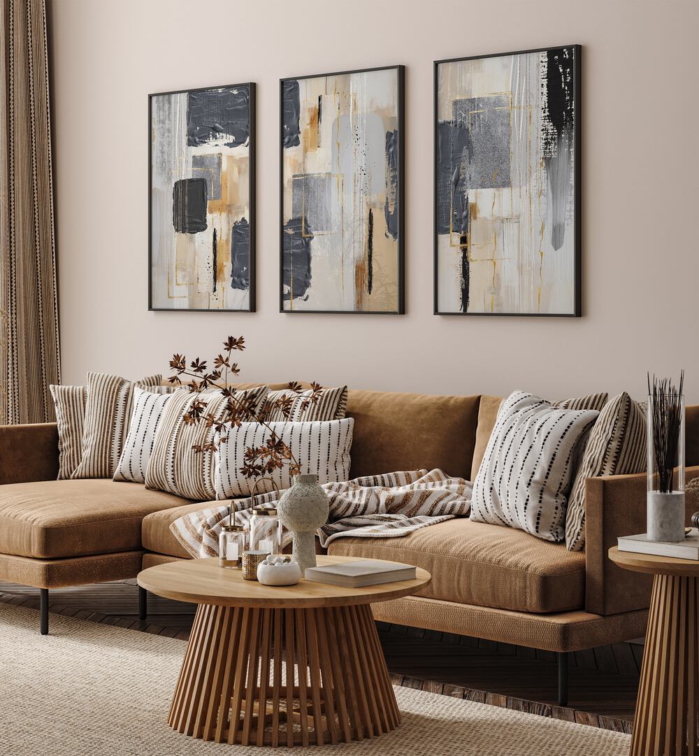 Transform your space with the ASHEN BALANCE SET, SET OF 3 PAINTINGS, featuring serene ash gray hues for elegant decor.