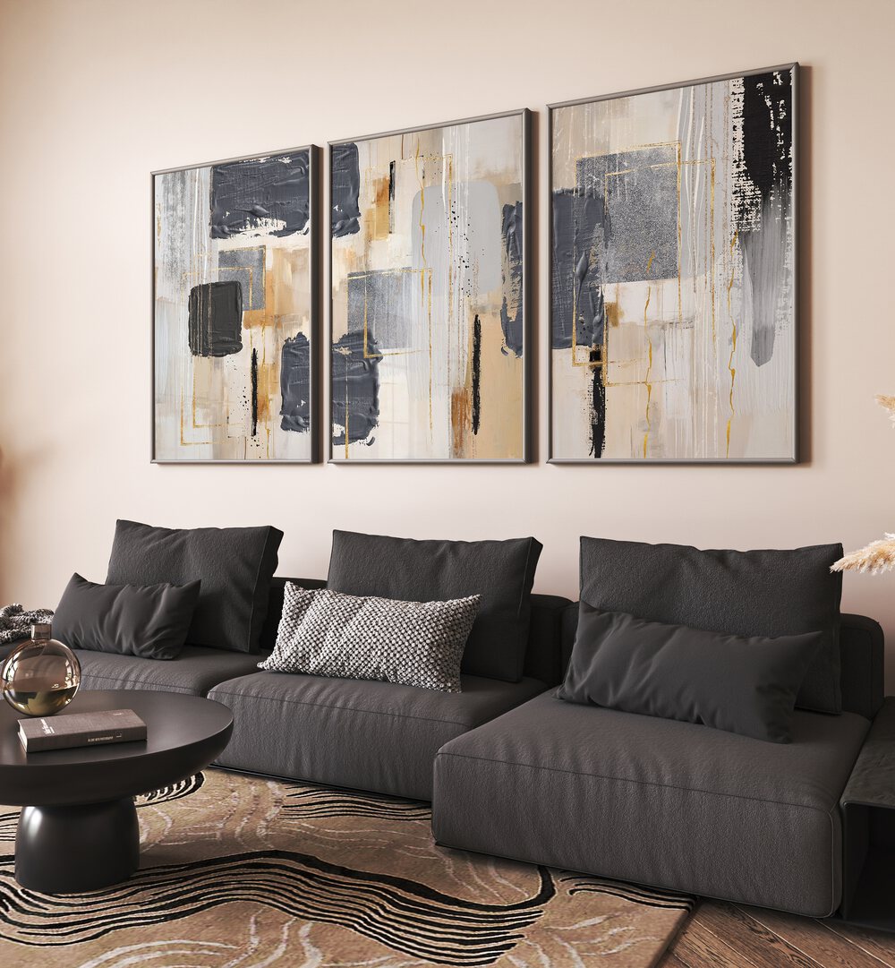 Elevate your decor with the ASHEN BALANCE SET, SET OF 3 PAINTINGS in soothing ash gray hues. Perfect for any space.